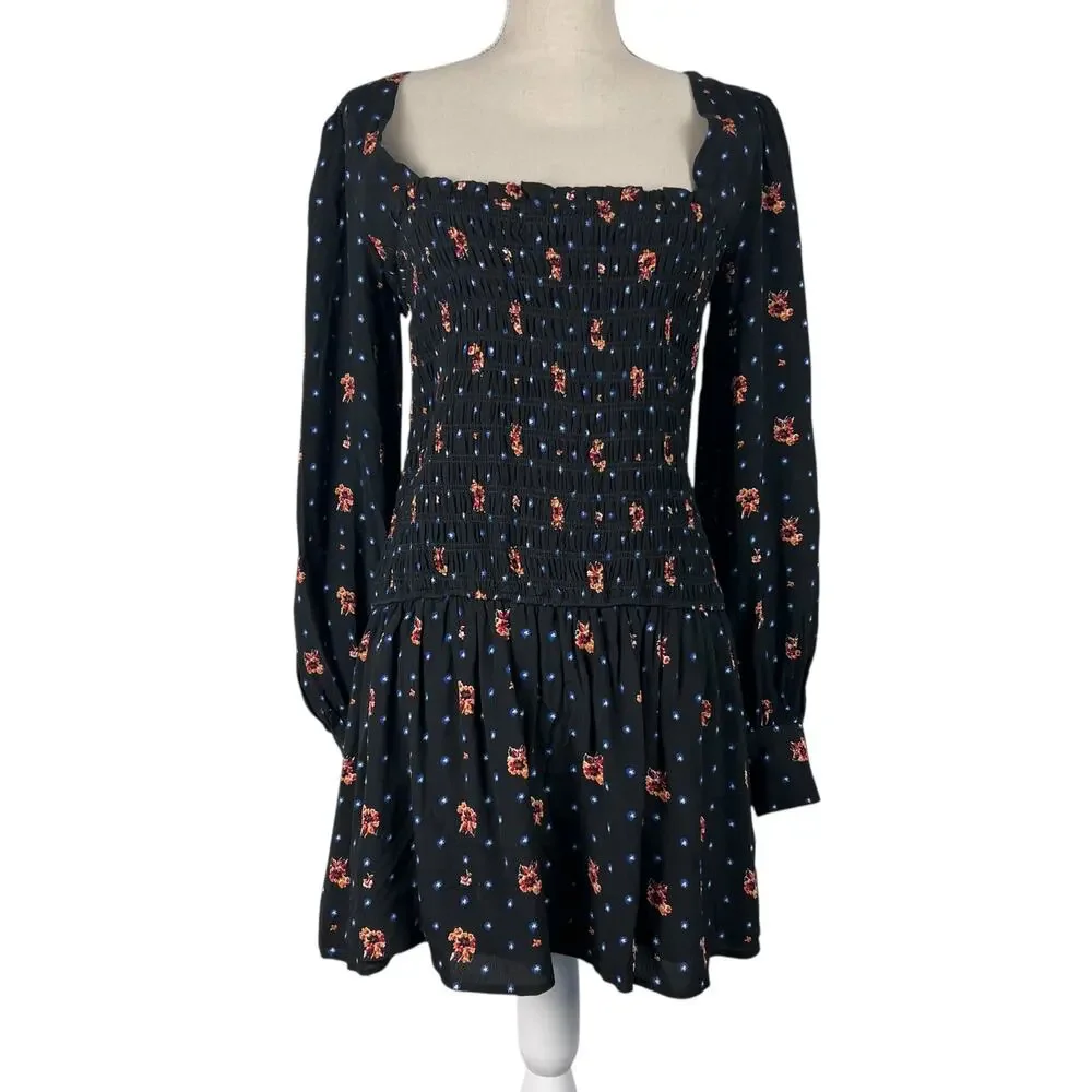 Free People Two Faces Mini Dress Black Floral Smocked‎ Long Sleeve Size S